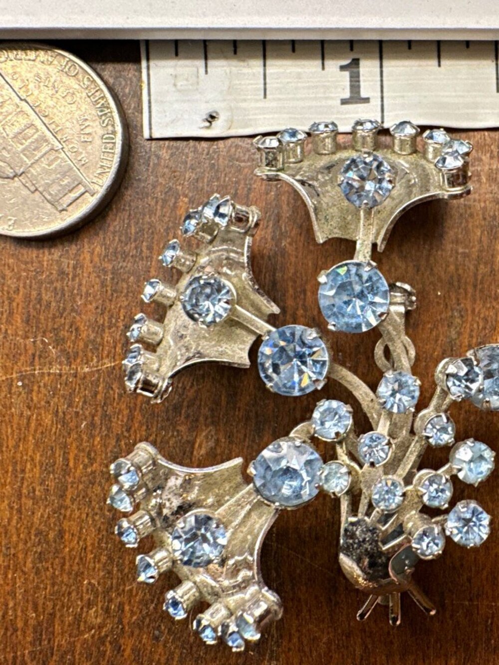Vintage 1950s Light Blue Rhinestone Floral Spray Brooch Bouquet Pin 2"